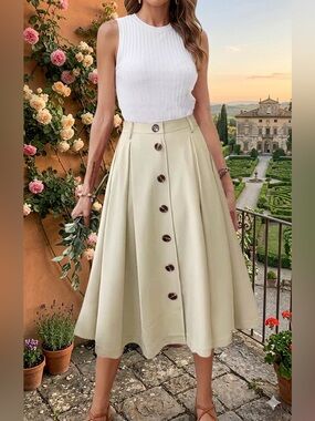 HERBATOMIA Pleated A-line Midi Skirt Elastic Waist Button Front Casual Flared Lo